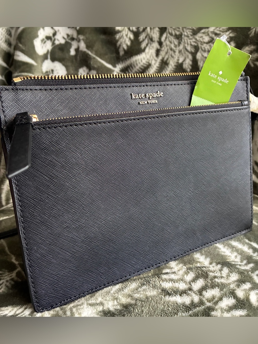 kate spade black saffiano leather zip pouch with gold hardware